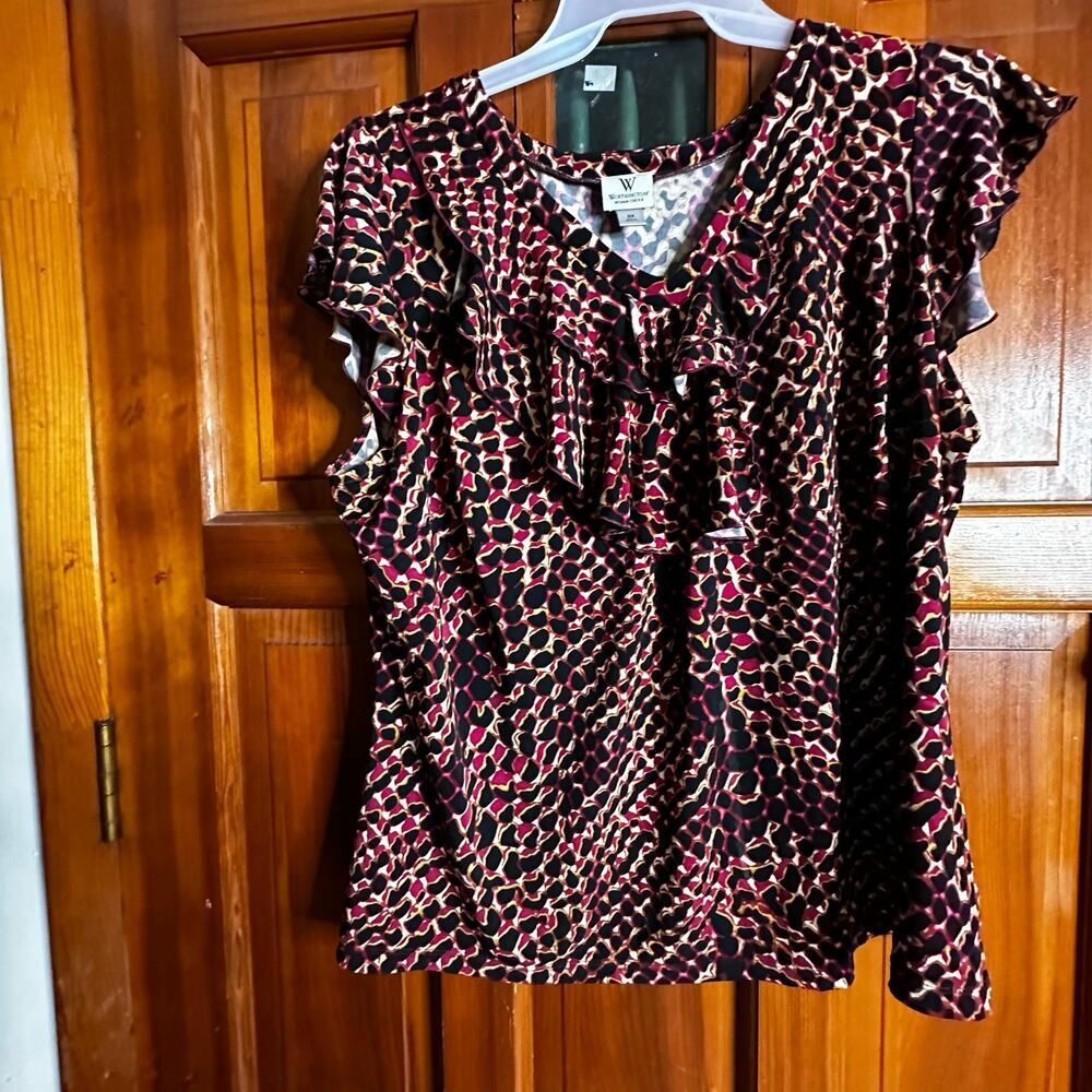 Worthington 2X Flutter Sleeve Ruffle Detail Animal Like Print Colorful Blouse